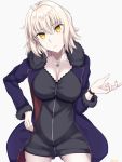  1girl ahoge bangs black_dress black_jacket blue_jacket breasts caruta cleavage coat cowboy_shot dress eyebrows_visible_through_hair fate/grand_order fate_(series) fur-trimmed_coat fur-trimmed_jacket fur-trimmed_sleeves fur_collar fur_trim jacket jeanne_d&#039;arc_(alter)_(fate) jeanne_d&#039;arc_(fate)_(all) jewelry large_breasts necklace open_clothes open_coat open_jacket short_dress short_hair silver_hair simple_background solo twitter_username white_background wicked_dragon_witch_ver._shinjuku_1999 wristband yellow_eyes zipper 