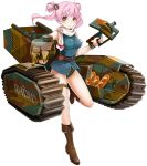  1girl baguette belt bread breasts brown_eyes brown_footwear cannon caterpillar_tracks char_b1 char_b1_(panzer_waltz) food ground_vehicle hair_ornament large_breasts military military_vehicle motor_vehicle official_art panzer_waltz personification pink_hair scarf solo tank transparent_background turret twintails 