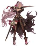  1girl ammunition asymmetrical_clothes asymmetrical_legwear blue_eyes cinderella_(sinoalice) dark_skin dual_wielding fingerless_gloves full_body gloves grin gun hair_over_one_eye holster jino long_hair long_ponytail looking_at_viewer navel official_art over_shoulder purple_hair sinoalice smile solo sword sword_over_shoulder torn_clothes transparent_background weapon weapon_over_shoulder 