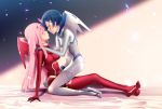  2girls absurdres aqua_eyes arm_support bangs bed_sheet blue_hair bodysuit breasts cloudxmoe commentary darling_in_the_franxx eye_contact green_eyes hair_ornament hairband hairclip hand_on_another&#039;s_cheek hand_on_another&#039;s_face hand_on_another&#039;s_shoulder highres horns ichigo_(darling_in_the_franxx) long_hair looking_at_another medium_breasts multiple_girls pink_hair red_bodysuit red_horns short_hair sitting sitting_on_person skin_tight small_breasts white_bodysuit white_hairband yuri zero_two_(darling_in_the_franxx) 