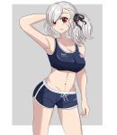  1girl blush braid breasts cleavage cowboy_shot girls_frontline hair_ribbon highres large_breasts long_hair looking_at_viewer multiple_girls navel red_eyes renfuu shorts silver_hair smile spas-12_(girls_frontline) sports_bra standing 