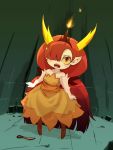  1girl bangs bare_arms bare_shoulders blunt_bangs blush brown_footwear demon_girl demon_horns dress fangs fire full_body grey_skin hair_between_eyes hair_over_one_eye hekapoo high_heels highres horns kolshica legs_apart long_hair open_mouth orange_eyes pointy_ears redhead sash scissors simple_background solo standing star_vs_the_forces_of_evil strapless strapless_dress teeth tiara tongue very_long_hair white_background yellow_dress yellow_sclera 
