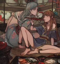  2girls alcohol arm_support bangs barefoot bird blue_kimono blue_ribbon brown_eyes brown_hair chopsticks cuffs cup drinking eyebrows_visible_through_hair food green_hair highres horn horn_ribbon horns hoshiguma_yuugi ibuki_suika indoors japanese_clothes kimono long_hair long_toenails looking_at_viewer low-tied_long_hair multiple_girls nail_polish no_pussy obi off_shoulder oni pointy_ears red_eyes red_nails ribbon sakazuki sake sash season_(artist) short_kimono shrine sitting stork toenails touhou very_long_hair 