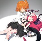  2girls alternate_color blush breasts closed_eyes curled_horns doremi dragon_horns dragon_tail elizabeth_bathory_(fate) elizabeth_bathory_(fate)_(all) fate/grand_order fate_(series) fujimaru_ritsuka_(female) hair_ornament hair_scrunchie hand_on_head horns knees_together_feet_apart long_hair looking_at_another lying microphone multiple_girls on_back one_side_up orange_eyes orange_hair pink_hair scrunchie skirt small_breasts spotlight sweatdrop tail white_skirt 