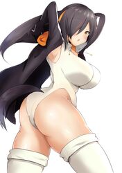  1girl absurdres armpits arms_behind_head ass bangs black_hair black_jacket blush breasts brown_eyes commentary cowboy_shot curvy emperor_penguin_(kemono_friends) eyebrows_visible_through_hair from_side hair_over_one_eye headphones highleg highleg_leotard highres hood hoodie jacket kemono_friends kirikan large_breasts leotard long_hair looking_at_viewer looking_back multicolored_hair open_mouth short_hair simple_background solo standing tail thighs white_background white_legwear white_leotard 