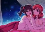  bangs bare_shoulders bed_sheet black_hair blush collarbone long_hair looking_at_another love_live! love_live!_school_idol_project lovejuice_(elmokun_moe) lying nishikino_maki on_bed on_stomach one_eye_closed open_clothes open_mouth open_shirt redhead short_hair twintails violet_eyes yazawa_nico yuri 