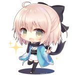  1girl :d ahoge arm_guards bangs black_bow black_legwear black_scarf blush bow commentary_request eyebrows_visible_through_hair fate/grand_order fate_(series) hair_between_eyes hair_bow hand_up haori japanese_clothes kimono koha-ace light_brown_hair long_sleeves okita_souji_(fate) open_mouth outstretched_arm scarf short_kimono smile solo sparkle standing standing_on_one_leg stirrup_legwear thigh-highs toeless_legwear twitter_username v v-shaped_eyebrows white_background white_kimono wide_sleeves yellow_eyes yukiyuki_441 