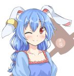  1girl absurdres akiteru98 animal_ears blue_dress blue_hair blush closed_mouth commentary_request dress eyebrows_visible_through_hair hammer highres juliet_sleeves long_hair long_sleeves one_eye_closed puffy_sleeves rabbit_ears red_eyes seiran_(touhou) smile solo touhou upper_body 