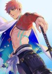  1boy armor bare_chest cape commentary_request emiya_shirou eyebrows_visible_through_hair fate/grand_order fate_(series) floral_print japanese_clothes katana limited/zero_over no_shirt otama_(atama_ohanabatake) pouch redhead short_hair solo sword weapon 