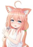  1girl :d ahoge animal_ears bangs bare_arms bare_shoulders black_choker blue_eyes blush cat_ears choker collarbone eyebrows_visible_through_hair fang hair_between_eyes highres hinata_channel holding holding_microphone jd_(bibirijd) long_hair looking_at_viewer low_twintails microphone nekomiya_hinata open_mouth pink_hair simple_background smile solo tank_top twintails very_long_hair virtual_youtuber white_background white_tank_top 