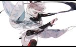 1girl absurdres ahoge cowboy_shot fate/grand_order fate_(series) gauntlets hair_over_eyes hair_ribbon highres japanese_clothes kimono letterboxed mo_(mocopo) okita_souji_(fate) ribbon scarf short_kimono simple_background sword weapon white_background white_hair yellow_eyes 