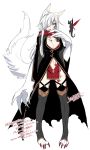  1girl animal_ears black_legwear breasts claws cleavage commentary_request creature dated hair_over_one_eye konshin large_breasts long_hair monster_girl original oversize_forearms parted_lips pelvic_curtain red_eyes signature simple_background solo tail thigh-highs white_background white_hair 
