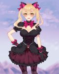  1girl alternate_costume animal_ears argyle argyle_legwear bangs black_cat_d.va black_dress black_gloves blonde_hair blush bow breasts cat_ears cleavage corset cowboy_shot d.va_(overwatch) dress error_dot eyebrows_visible_through_hair frilled_dress frills gloves hair_between_eyes hair_bow hand_on_hip heart highres large_breasts lolita_fashion long_hair looking_at_viewer open_mouth overwatch pantyhose parted_bangs pink_bow puffy_short_sleeves puffy_sleeves short_sleeves solo twintails yellow_eyes 