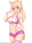  1girl blonde_hair blush eyebrows_visible_through_hair fang fast-runner-2024 highres long_hair looking_at_viewer midriff navel open_mouth original ponytail red_eyes short_shorts shorts solo sports_bra striped striped_legwear sweatband tiffy v watermark web_address white_background wristband 