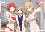  3girls absurdres animal_ears armpits artist_request bangs bare_shoulders bikini blonde_hair blush bow breast_hold breasts brown_eyes cleavage cowboy_shot eyebrows eyebrows_visible_through_hair gem grey_hair half-closed_eyes hand_on_another&#039;s_shoulder highres mythra_(xenoblade) pyra_(xenoblade) indoors long_hair looking_at_viewer low_twintails medium_breasts multiple_girls navel niyah one-piece_swimsuit outstretched_arm recording red_bikini red_eyes redhead self_shot short_hair shy side-tie_bikini small_breasts smile sweatdrop swept_bangs swimsuit twintails under_boob very_long_hair white_bikini white_bow xenoblade_(series) yellow_eyes 