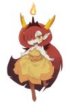  1girl :d bangs bare_arms bare_shoulders blunt_bangs brown_footwear demon_girl demon_horns dress eyebrows eyelashes fangs fire full_body hair_over_one_eye half-closed_eyes hekapoo high_heels highres horns kolshica legs_apart long_hair open_mouth orange_eyes pointy_ears redhead sash simple_background smile solo star_vs_the_forces_of_evil strapless strapless_dress teeth tiara very_long_hair white_background yellow_dress yellow_sclera 