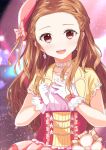  1girl :d blurry blurry_background bow brown_hair collarbone corset earrings gloves hat hat_bow highres idolmaster idolmaster_cinderella_girls idolmaster_cinderella_girls_starlight_stage jewelry long_hair necklace open_mouth ototsu_kei pink_bow pink_hat red_eyes seki_hiromi smile solo standing upper_body white_gloves 