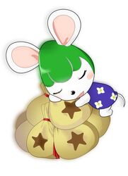  1girl animal_ears closed_eyes doubutsu_no_mori flower furry gakushuusouchi_(user_cfjj4237) green_hair money moneybag mouse_ears mouse_girl mouse_tail no_humans open_mouth sara_(doubutsu_no_mori) simple_background sleeping solo star tail white_background 