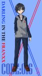  1boy absurdres bangs black_hair blue_eyes blue_pants brown_footwear commentary_request darling_in_the_franxx english eyebrows_visible_through_hair grey_hoodie hand_in_pocket highres hiro_(darling_in_the_franxx) hood hoodie male_focus nakoya_(nane_cat) pants shoes short_hair solo 