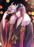  1boy black_background black_hair black_nails fur_trim horns kakuriyo_no_yadomeshi looking_at_viewer male_focus mask mask_removed nail_polish oni oodanna red_eyes shidomura simple_background solo standing upper_body 