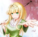  1girl alternate_costume baileys_(tranquillity650) black_ribbon blonde_hair blush breasts collarbone dress eyebrows_visible_through_hair green_dress green_eyes hair_ornament hair_ribbon highres holding holding_umbrella jewelry kantai_collection long_hair looking_at_viewer medium_breasts necklace open_mouth pendant rain reaching_out ribbon ruby_(stone) signature smile solo straight_hair umbrella wide_sleeves yuudachi_(kantai_collection) 