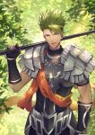  1boy achilles_(fate) armor darkavey fate/apocrypha fate/grand_order fate_(series) gloves green_hair highres holding holding_spear holding_weapon looking_at_viewer male_focus polearm scarf signature smile solo spear spiky_hair weapon yellow_eyes 