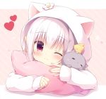  1girl animal_costume animal_ears cat cat_day cat_ears coron_(canvas+garden) heart miyasaka_nako original pillow white_hair 