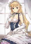  1girl alternate_costume apron azur_lane belfast_(azur_lane) belfast_(azur_lane)_(cosplay) black_dress blonde_hair blush braid breasts chains cleavage cosplay dress elbow_gloves enmaided fire_emblem fire_emblem_heroes gebyy-terar gloves green_eyes long_hair looking_at_viewer maid maid_headdress sharena simple_background smile solo very_long_hair 