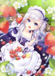 1girl apron azur_lane belchan_(azur_lane) belfast_(azur_lane) blue_eyes braid eyebrows_visible_through_hair flower food from_above fruit gloves highres kitazume_kumie long_hair looking_at_viewer maid maid_apron maid_headdress one_side_up open_mouth silver_hair sitting solo strawberry water_drop 