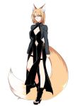  1girl animal_ears black_dress black_legwear blonde_hair boots breasts cleavage commentary_request covered_navel dress facial_mark fox_ears fox_tail full_body grey_jacket high_heel_boots high_heels jacket konshin legband long_sleeves looking_at_viewer medium_breasts navel original pelvic_curtain platform_footwear platform_heels short_hair simple_background solo standing tail white_background yellow_eyes 