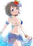  1girl arm_garter ass bikini blue_bikini blue_eyes blush bow breasts brown_hair commentary_request cowboy_shot eyebrows_visible_through_hair from_behind hair_bow looking_at_viewer looking_back love_live! love_live!_sunshine!! medium_breasts open_mouth print_sarong rozen5 sarong sarong_lift see-through short_hair sideboob simple_background solo standing swimsuit watanabe_you white_background 