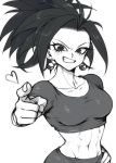  1girl black_eyes black_hair breasts commentary_request dragon_ball dragon_ball_super earrings eyelashes fingernails greyscale grin hand_on_hip heart jewelry kefla_(dragon_ball) looking_at_viewer monochrome navel pointing pointing_at_viewer ponytail potara_earrings simple_background smile solo_focus spiky_hair stomach tank_top upper_body white_background 