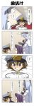  1boy 2girls 4koma absurdres bangs blue_hair blunt_bangs blush brown_eyes brown_hair ceiling_light closed_eyes comic commentary_request covering_mouth dress epaulettes fingerless_gloves flying_sweatdrops gloves grin hair_between_eyes hair_tie hallway hand_on_another&#039;s_head hand_on_own_chin hand_on_own_elbow hat headgear highres kantai_collection little_boy_admiral_(kantai_collection) long_sleeves looking_away military military_hat military_uniform multiple_girls murakumo_(kantai_collection) oversized_clothes peaked_cap purple_hair rappa_(rappaya) red_eyes sailor_dress short_hair sidelocks sleeves_past_wrists smile squatting surprised tatsuta_(kantai_collection) tooth_gap translation_request trembling uniform 