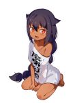  1girl absurdres barefoot between_legs black_hair braid bright_pupils commentary_request dark_skin fang flat_chest flower full_body hair_between_eyes hair_flower hair_ornament hand_between_legs highres jahy jahy_sama_wa_kujikenai jewelry konbu_wakame long_hair looking_at_viewer naked_shirt necklace off_shoulder open_mouth red_eyes shirt sidelocks simple_background single_braid slit_pupils solo very_long_hair white_background 