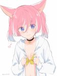  1girl animal_ears black_choker blue_eyes bra breasts choker closed_mouth commentary copyright_request heart hood hooded_jacket ica jacket long_sleeves looking_at_viewer pink_hair short_hair simple_background small_breasts smile solo twintails twitter_username underwear upper_body white_background white_jacket yellow_bra 