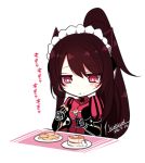  1girl :t blush bright_pupils brown_hair chibi commentary_request cookie dated eating food fork headdress holding holding_fork konshin original pancake plate ponytail red_eyes signature simple_background solo white_background 