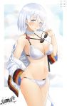  1girl absurdres alternate_costume armpits azur_lane baggy_clothes bangs bikini blue_eyes breasts cleavage coat collarbone cowboy_shot cross cross_earrings earrings eyewear_on_head eyewear_removed groin hair_between_eyes hand_on_eyewear hand_on_hip highres holding holding_eyewear jewelry large_breasts looking_at_viewer navel parted_lips scarf short_hair sidelocks signature silver_hair simple_background skindentation solo sparkle stomach sunglasses swimsuit thighs tirpitz_(azur_lane) wet white_background white_bikini white_coat white_scarf yueguang_zhanglang 