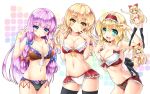  5girls :d alice_margatroid arm_up bangs black_legwear black_panties blonde_hair blue_bow blue_eyes blunt_bangs blush bow bow_bra bow_panties bra breasts brown_bra brown_eyes cleavage closed_mouth commentary_request double_v eyebrows_visible_through_hair gluteal_fold green_eyes groin hair_between_eyes hair_bow hand_up highres kamiya_tomoe kirisame_marisa long_hair medium_breasts multiple_girls navel open_mouth panties parted_lips patchouli_knowledge pink_bra pink_panties purple_bow purple_hair red_bow red_bra red_panties shanghai_doll smile thigh-highs touhou underwear v very_long_hair white_panties 