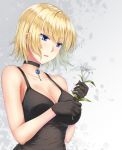  1girl alternate_costume alternate_hair_length alternate_hairstyle bangs bare_arms bare_shoulders black_choker black_gloves black_tank_top blonde_hair blue_eyes breasts choker cleavage collarbone commentary_request eyebrows_visible_through_hair fate/apocrypha fate_(series) floating_hair flower gem gloves grey_background hair_between_eyes half-closed_eyes highres holding holding_flower jeanne_d&#039;arc_(fate) jeanne_d&#039;arc_(fate)_(all) large_breasts lily_(flower) looking_down parted_lips primamiya shiny shiny_hair short_hair sleeveless solo tank_top upper_body white_flower 