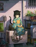  1girl air_conditioner animal animal_ears aquarium ball bangs black_cat black_hair brown_eyes cat cat_ears cat_tail covering_mouth eating geta highres japanese_clothes kimono long_sleeves looking_at_viewer obi original plant plate potted_plant sash sho_(sho_lwlw) short_hair signature sitting solo tabi tail whisker_markings wide_sleeves yukata 