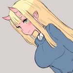  1girl :3 bangs blonde_hair blue_sweater blunt_bangs blush breasts collared_shirt dutch_angle grey_background horns large_breasts long_sleeves malice_stella oni oni_horns original pointy_ears red_skin shirt simple_background smile solo sweater white_shirt wing_collar yellow_eyes 