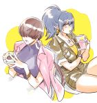  2girls blue_eyes blue_hair bracelet breasts brown_hair coffee coffee_mug cup drinking_straw earrings hair_over_eyes jacket_on_shoulders jewelry khakis large_breasts leona_heidern lips lipstick makeup mug multiple_girls ponytail saida_nika shermie shorts sitting sleeves_rolled_up split_ponytail the_king_of_fighters watch watch 