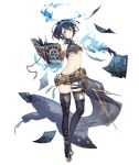  1girl alice_(sinoalice) beltskirt black_hair book boots breasts brown_eyes full_body hair_ribbon jino looking_at_viewer navel official_art pages revealing_clothes ribbon short_hair sinoalice solo tattoo thigh-highs thigh_boots torn_clothes torn_thighhighs transparent_background under_boob 