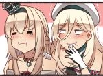  2girls =_= beady_eyes beret blonde_hair braid commentary_request crown dress flower french_braid giggling gloves hair_between_eyes hat ido_(teketeke) jewelry kantai_collection long_hair mini_crown mole mole_under_eye mole_under_mouth multicolored multicolored_clothes multicolored_gloves multiple_girls necklace off-shoulder_dress off_shoulder pom_pom_(clothes) pout red_flower red_rose richelieu_(kantai_collection) rose strapless strapless_dress tears trembling warspite_(kantai_collection) white_dress white_gloves 