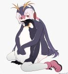  1girl animal black_hair blonde_hair boots commentary_request emperor_penguin eyebrows_visible_through_hair headphones hood hoodie kemono_friends long_hair long_sleeves multicolored_hair object_hug penguin_tail red_eyes royal_penguin_(kemono_friends) seto_(harunadragon) signature sitting solo tail twintails wariza white_hair 