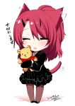  1girl :d =_= animal_ears black_dress blush chibi closed_eyes commentary_request dated dress ear_wiggle full_body holding horns konshin long_sleeves open_mouth original ponytail redhead signature smile solo standing stuffed_animal stuffed_toy tail teddy_bear 