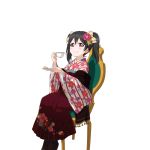  1girl alternate_costume artist_request bangs black_hair blush boots bow chair cup floral_print hair_bow hair_ornament hakama japanese_clothes kimono long_hair looking_at_viewer love_live! love_live!_school_idol_festival love_live!_school_idol_project meiji_schoolgirl_uniform official_art plate red_eyes sitting smile solo teacup transparent_background twintails yazawa_nico 