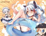  3girls apron ark_royal_(azur_lane) ass azur_lane belfast_(azur_lane) bikini bird black_bikini black_hair blue_eyes braid chick earrings french_braid grey_eyes hair_ribbon innertube iron_cross jewelry licking maid maid_apron maid_headdress multicolored_hair multiple_girls orange_eyes phandit_thirathon prinz_eugen_(azur_lane) ribbon silver_hair swimsuit two-tone_hair two_side_up younger 