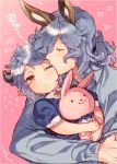  1boy 1girl :x animal_ears bangs blue_dress blue_hair blue_shirt blush closed_eyes closed_mouth collared_shirt cow_ears cow_horns drang_(granblue_fantasy) dress eno_yukimi eyebrows_visible_through_hair father_and_daughter flying_sweatdrops granblue_fantasy head_tilt heart holding holding_stuffed_animal horns hug if_they_mated kiss long_hair long_sleeves looking_at_viewer one_eye_closed orange_eyes pink_background pointy_ears shiny shiny_hair shirt short_hair short_sleeves simple_background stuffed_animal stuffed_bunny stuffed_toy upper_body wavy_hair 