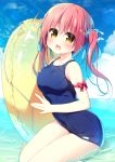  1girl :d bangs bare_legs bare_shoulders blue_bow blue_sky blush bow brown_eyes clouds collarbone day eyebrows_visible_through_hair hair_between_eyes hair_bow hanamiya_natsuka head_tilt horizon innertube long_hair looking_at_viewer ocean one-piece_swimsuit open_mouth original outdoors pink_hair polka_dot polka_dot_innertube school_swimsuit shallow_water sitting sky smile solo swimsuit transparent twintails water yellow_innertube 